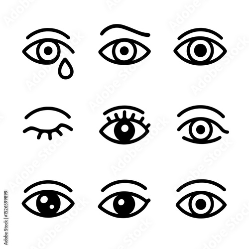 Expressive Eye Icons. Outline icon set of expressive human eyes: tear drop, raised eyebrow, pupil dilation, wink, long eyelashes,