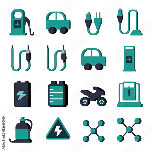 vector icons to vehicle fueling and charging a gasoline pump, an electric vehicle plug hydrogen mole