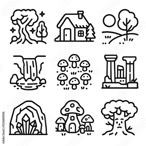 Fairy Tale Icons. Outline icon set of fairy tale settings: enchanted forest, hidden cottage, secret glade, magic waterfall, fairy