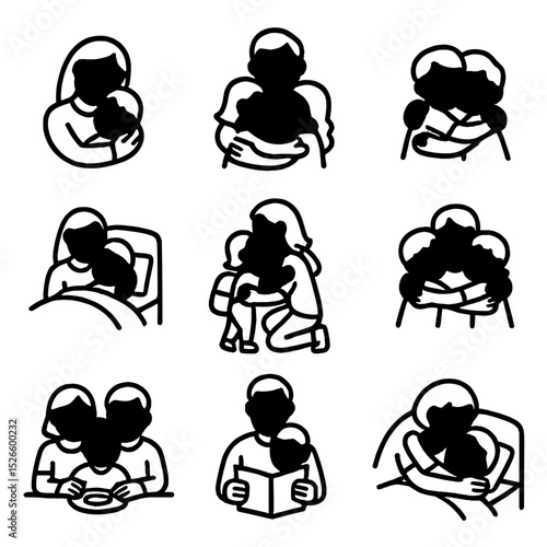 Family Hug Icons. Outline icon set of parent-child hugs: mother-child circle, father-kids embrace, siblings triangle hug, bedtime