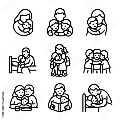 Family Hug Icons. Outline icon set of parent-child hugs: mother-child circle, father-kids embrace, siblings triangle hug, bedtime