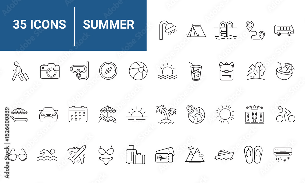 Summer set of web icons in line style. Summer vacation icons for web and mobile app. Travel, beach, tourism, summer holidays, hotel, relax, beach, luggage, passport, sunglasses. Vector illustration Summer set of web icons in line style. Summer vacation icons for web and mobile app. Travel, beach, tourism, summer holidays, hotel, relax, beach, luggage, passport, sunglasses. Vector illustration
