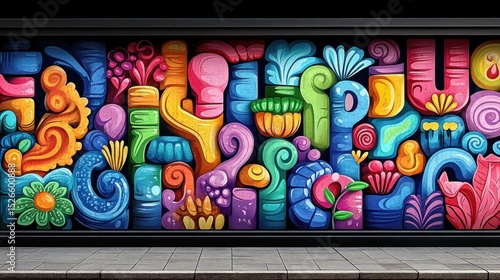 Vibrant, colorful mural of abstract shapes and floral motifs