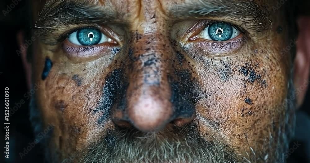 Close Up Portrait of Man with Blue Eyes and Dark Background Showing Face Covered in Grime with Detailed Texture and Color Palette, Warm Light, and Dark Background Close Up Portrait of Man with Blue Eyes and Dark Background Showing Face Covered in Grime with Detailed Texture and Color Palette, Warm Light, and Dark Background