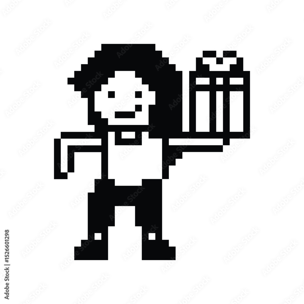 Obraz premium Cute pixel cartoon 8bit character woman give gift box birthday christmas bonus reward surprise decoration 8 bit female girl give gift box shopping bonus christmas day game png vector.