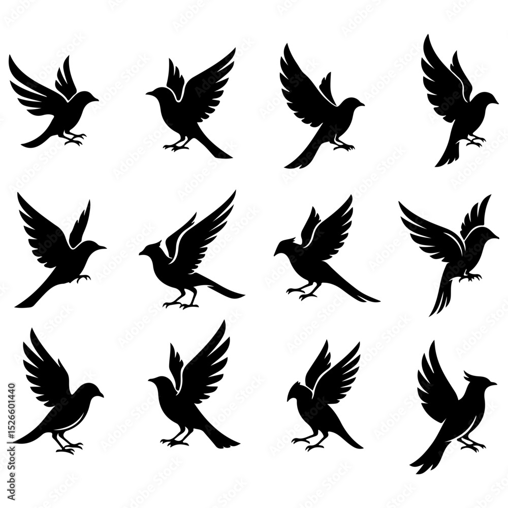 Fototapeta premium Set of artistic bird silhouettes with beautiful, high quality editable abstract wings