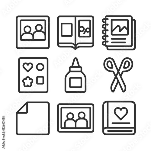 Family Storytelling Icons. Outline icon set of family storytelling: photo, album, scrapbook, stickers, glue, scissors, paper,