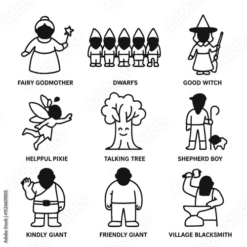 Fantasy Sidekick Icons. Outline icon set of sidekicks and helpers: fairy godmother, dwarfs, good witch, talking tree, helpful