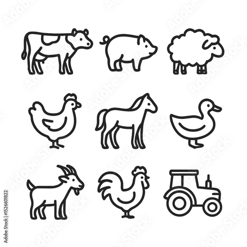 Farm Animal Icons. Outline icon set of farm animal coloring worksheet: cow, pig, sheep, chicken, horse, duck, goat, rooster,