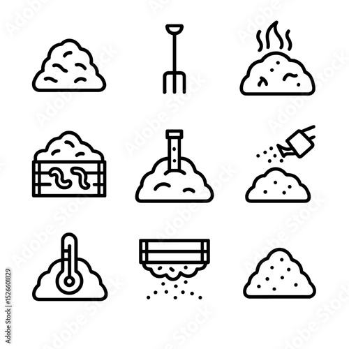 Farm Composting Icons. Outline icon set of on-farm composting systems: compost heap, turn fork, thermophilic pile, vermicompost