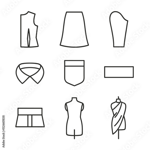 Fashion Design Outline Icons. Outline icon set of pattern design elements: bodice pattern, skirt panel, sleeve template, collar