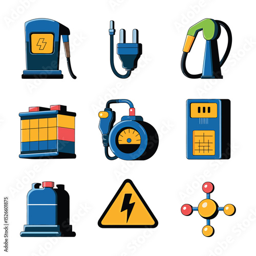 vector icons to vehicle fueling and charging a gasoline pump, an electric vehicle plug hydrogen mole