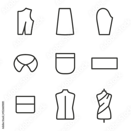 Fashion Design Outline Icons. Outline icon set of pattern design elements: bodice pattern, skirt panel, sleeve template, collar