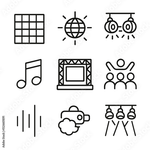 Festival Dance Floor Icons. Outline icon set of festival dance floor lights: LED panels, disco ball, flashing lights, fog machine,