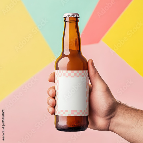 Wallpaper Mural A realistic mockup of a brown glass beer bottle being held in a human hand. The bottle has a blank white label and neck tag with a transparent checker pattern, as if ready for branding. Torontodigital.ca