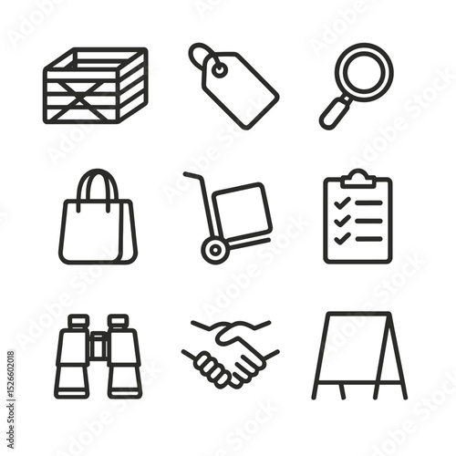 Flea Market Icons. Outline icon set of flea market treasure hunting: folding crate, price tag, magnifying glass, tote bag, trolley
