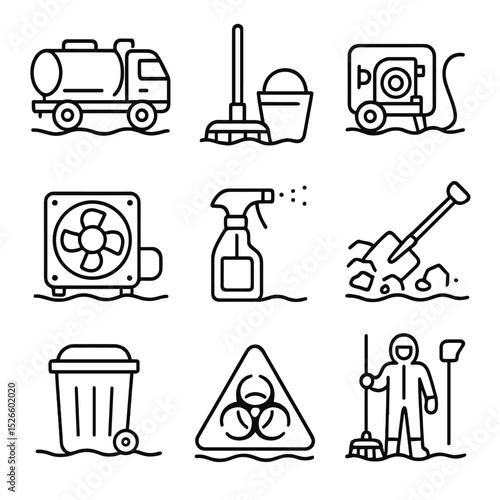 Flood Cleanup Icons. Outline icon set of flood cleanup activities: vacuum truck, mop and bucket, water pump, drying fan,
