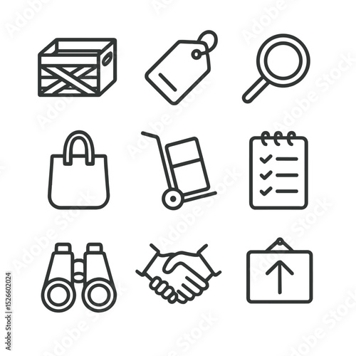 Flea Market Icons. Outline icon set of flea market treasure hunting: folding crate, price tag, magnifying glass, tote bag, trolley