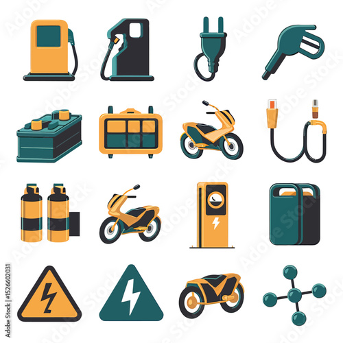 vector icons to vehicle fueling and charging a gasoline pump, an electric vehicle plug hydrogen mole