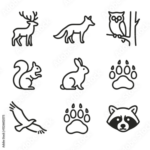 Forest Wildlife Icons. Outline icon set of misty forest wildlife: deer silhouette, fox silhouette, owl in tree, squirrel, rabbit,