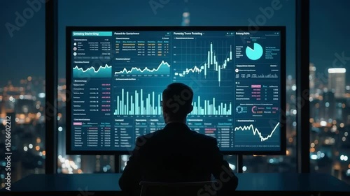 Businessman analyzing data on large screen in modern office at night  
