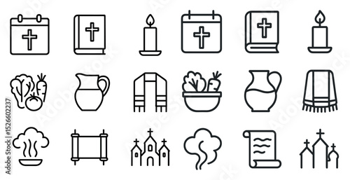 Religious symbols and rituals icons: bibles, candles, temples, and scrolls for spiritual design