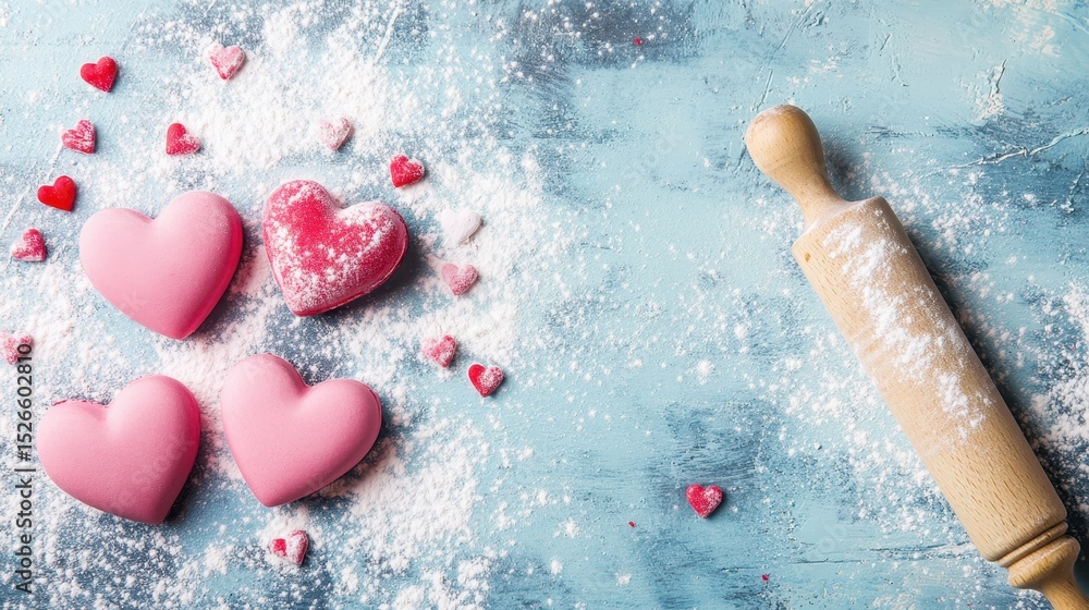 Fototapeta premium Sweet Love Treats: Valentine's Day Baking Bliss with Hearts, Rolling Pin, and Flour Dust on a Soft Blue Background