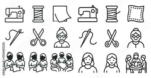 Sewing and craft icons featuring tools, people, and activities for design purposes