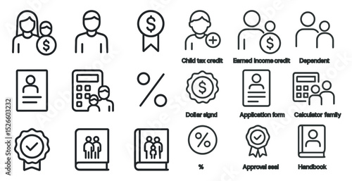 Financial benefits icons for tax credit and income management