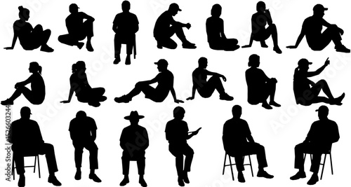 Vector set of detailed people sitting silhouettes isolated on white background
