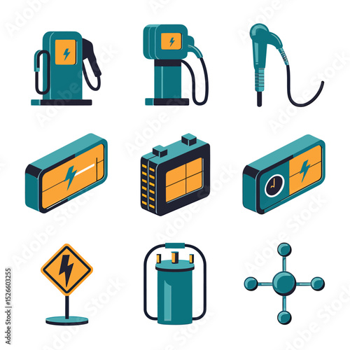 vector icons to vehicle fueling and charging a gasoline pump, an electric vehicle plug hydrogen mole
