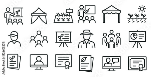 Agricultural education and training icons for farm workshops and presentations