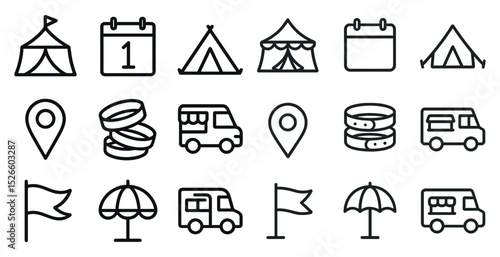 Camping and travel icons featuring tents, campers, and adventure symbols