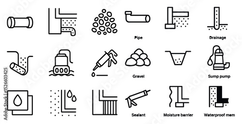 Plumbing and construction icons illustrating pipes, drainage, and waterproofing solutions