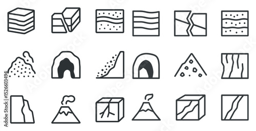 Geology icon set featuring volcanos, erosion, and earthquake concepts for educational use