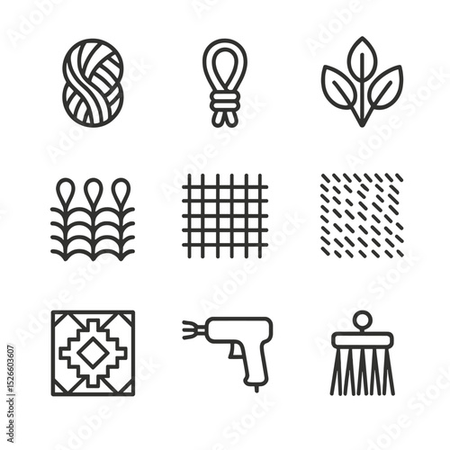 Geometric Rug Icon Set. Outline icon set of geometric rug materials and textures: wool yarn, cotton loop, jute fiber, synthetic