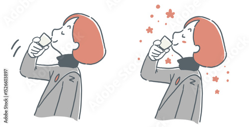 お猪口でお酒を飲んでいる様子の女性のイラスト　セット