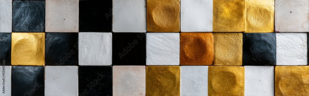 Fototapeta premium Gold, white, and black glossy ceramic tiles arranged in a vibrant checkerboard layout