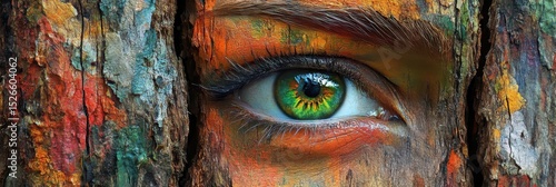 Bark Face. Creepy Portrait on Wood Bark with Bold Acrylic Brush Strokes