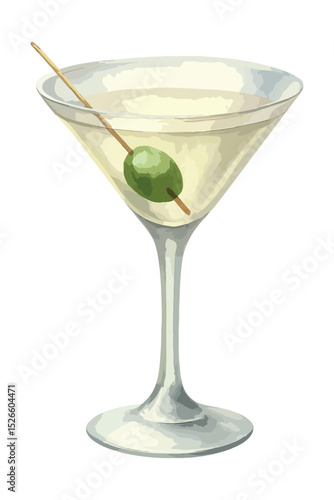 Classic dry martini cocktail watercolor illustration with olive garnish. Vector isolated on white background. Perfect for bar menu design, elegant drink promotion, and cocktail-themed projects.