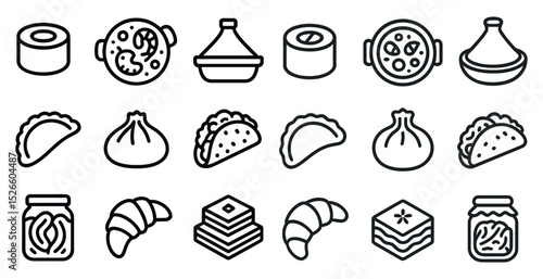 Assorted icon set of international cuisine dishes for web design and application development