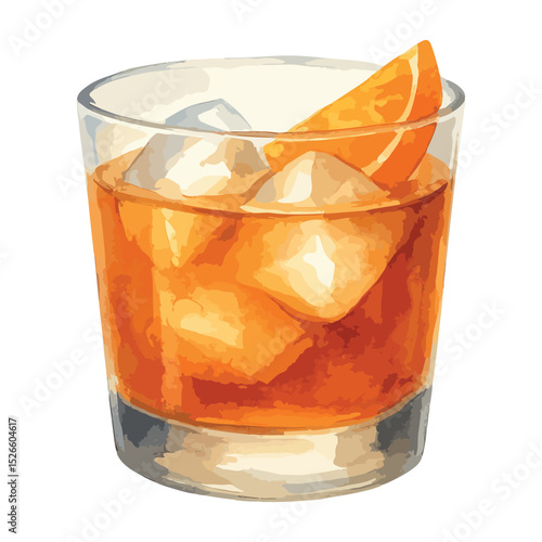 Classic Old Fashioned cocktail in watercolor style with orange peel. Vector illustration isolated on white. Perfect for bar menus, mixology prints, drink-themed designs, and retro-style projects.