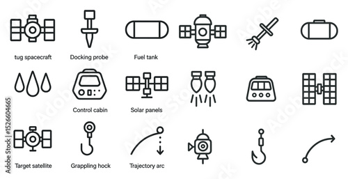Spacecraft and satellite components icons for design projects