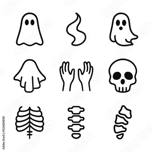 Ghostly Icon Collection. Outline icon set of haunting spirits: ghostly silhouette, wisp, hollow eye, ethereal trail, drifting