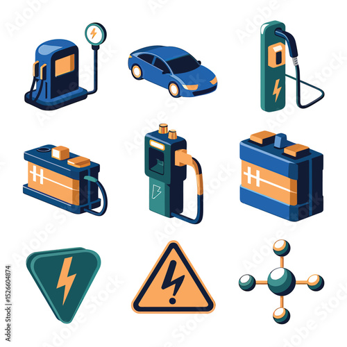 vector icons to vehicle fueling and charging a gasoline pump, an electric vehicle plug hydrogen mole