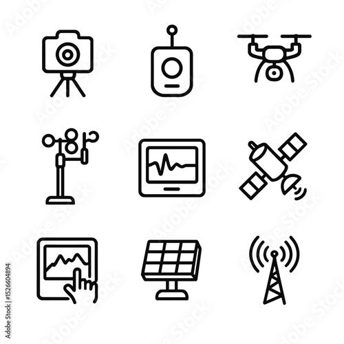 Glacier Tech Icons. Outline icon set of glacier monitoring technology: time-lapse camera, GPS receiver, drone, weather station,