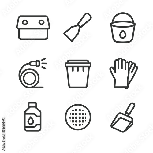 Grease Trap Icon Set. Outline icon set of grease trap cleaning: grease trap lid, scraper tool, oil bucket, rinse hose, disposal