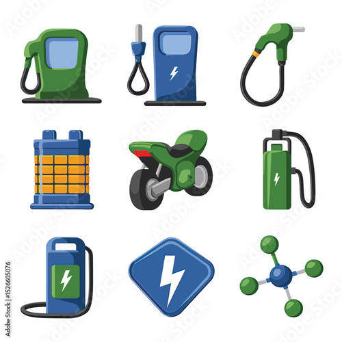 vector icons to vehicle fueling and charging a gasoline pump, an electric vehicle plug hydrogen mole