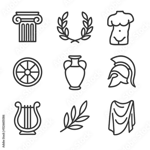 Greek Icon Set. Outline icon set of classical Greek sculpture: marble column, laurel wreath, torso statue, chariot wheel, amphora