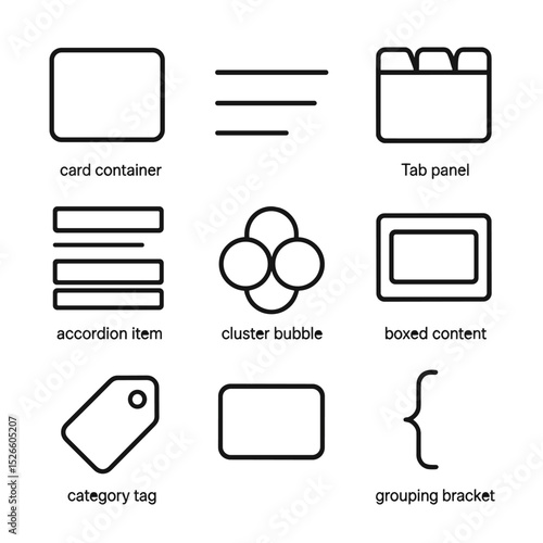 Icon Set Grid. Outline icon set of information grouping: card container, section divider, tab panel, accordion item, list group,